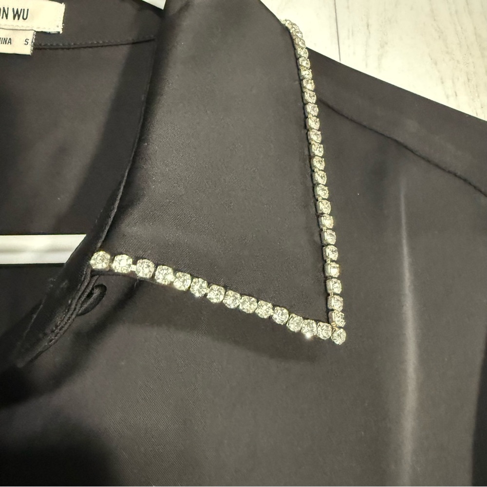 Jason Wu Black Satin Button Up Blouse With Rhines… - image 4